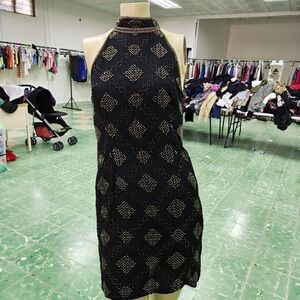 Mark & John by Gopal Vintage Silk Beaded Halter Dress Black Gold Geometric M